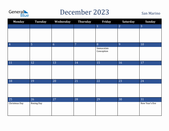 December 2023 San Marino Calendar (Monday Start)