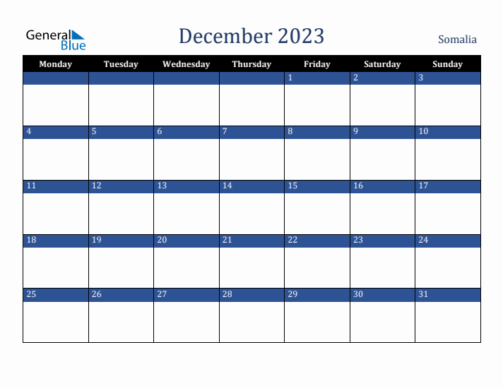 December 2023 Somalia Calendar (Monday Start)
