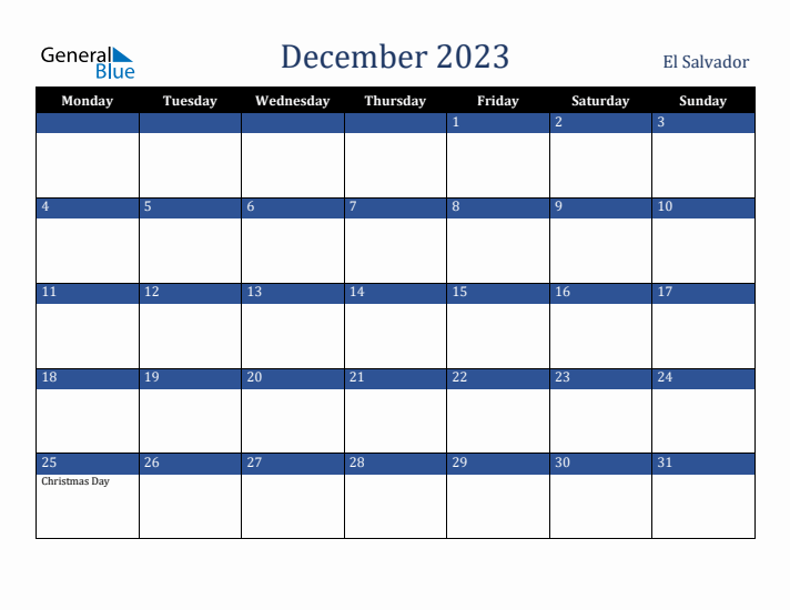 December 2023 El Salvador Calendar (Monday Start)