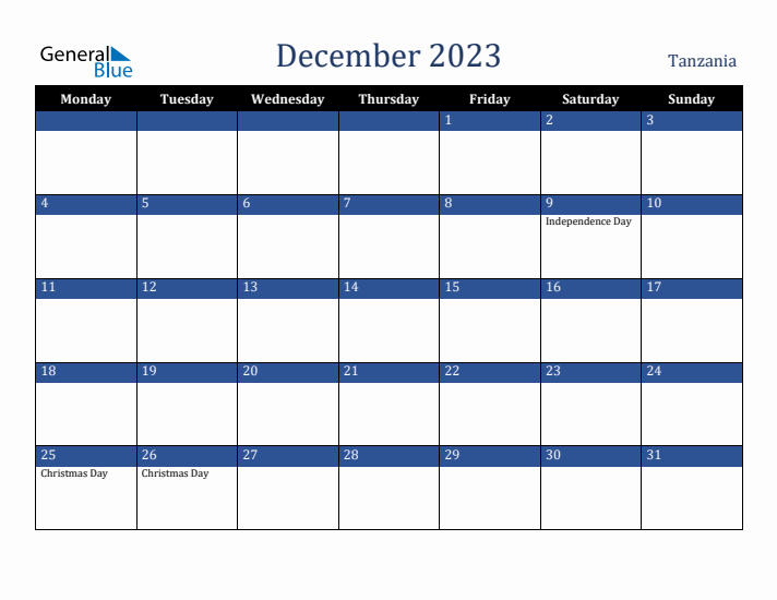 December 2023 Tanzania Calendar (Monday Start)