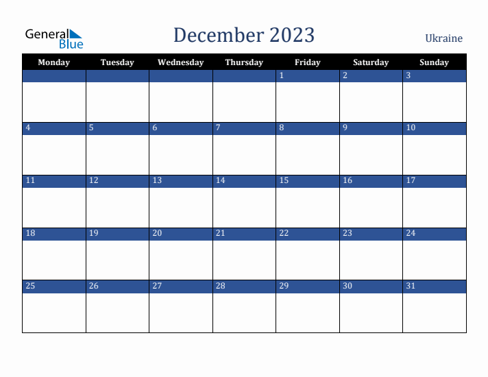 December 2023 Ukraine Calendar (Monday Start)