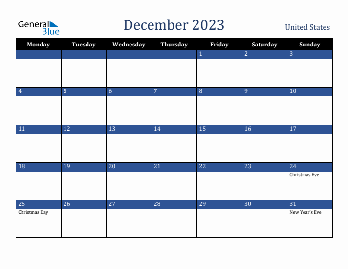December 2023 United States Calendar (Monday Start)