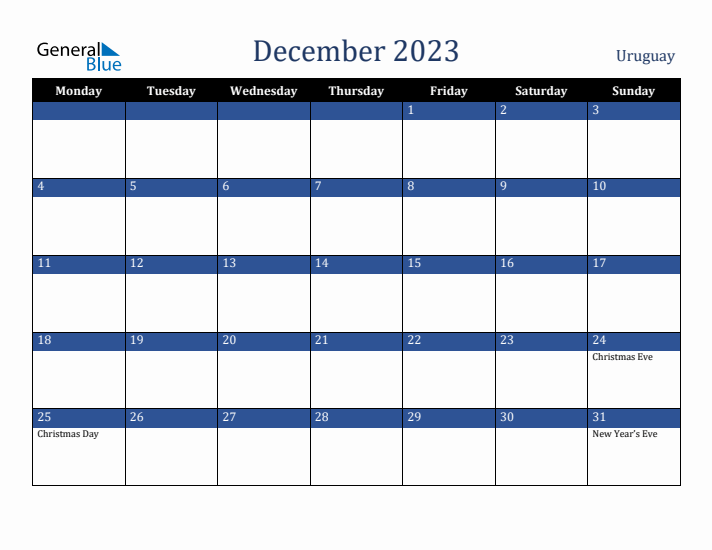 December 2023 Uruguay Calendar (Monday Start)