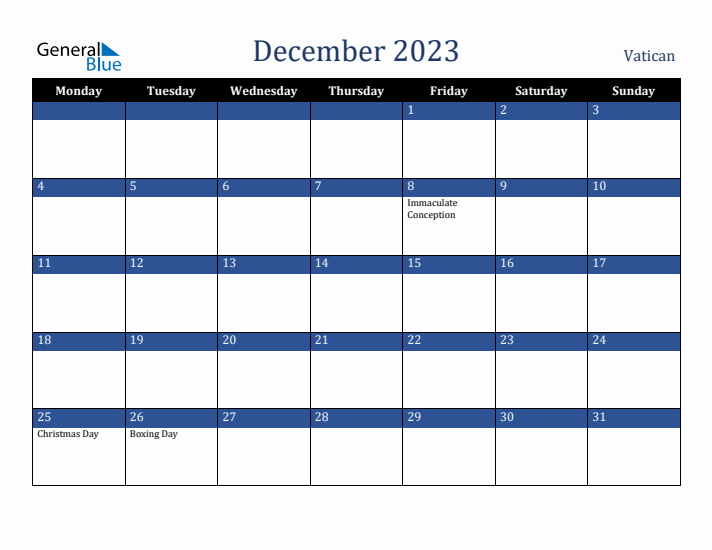 December 2023 Vatican Calendar (Monday Start)