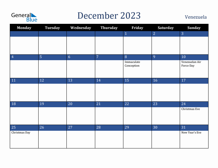 December 2023 Venezuela Calendar (Monday Start)