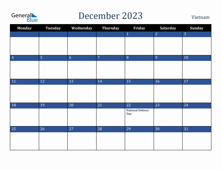 December 2023 Vietnam Calendar (Monday Start)
