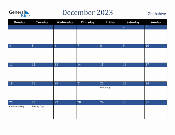 December 2023 Zimbabwe Calendar (Monday Start)