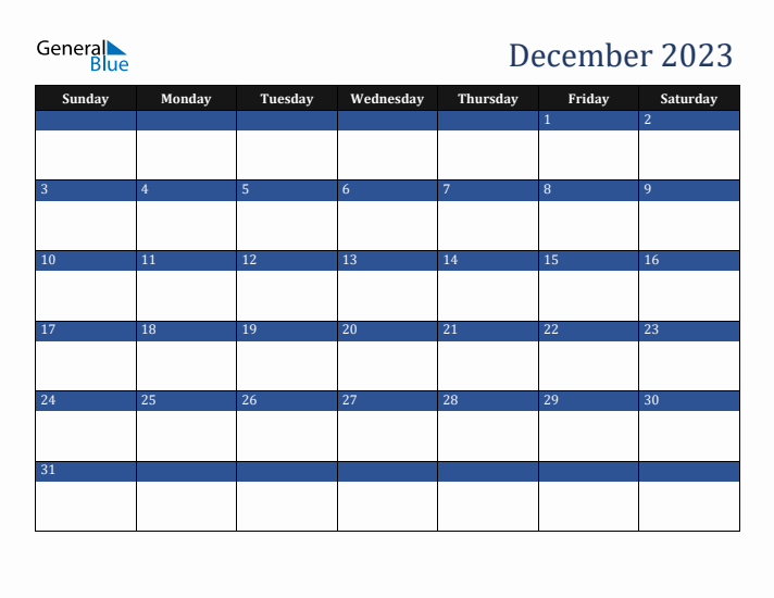 Sunday Start Calendar for December 2023