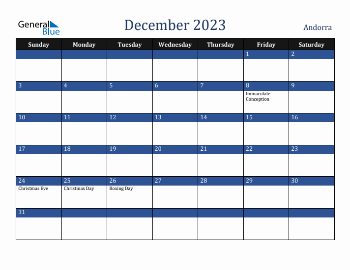 December 2023 Andorra Calendar (Sunday Start)