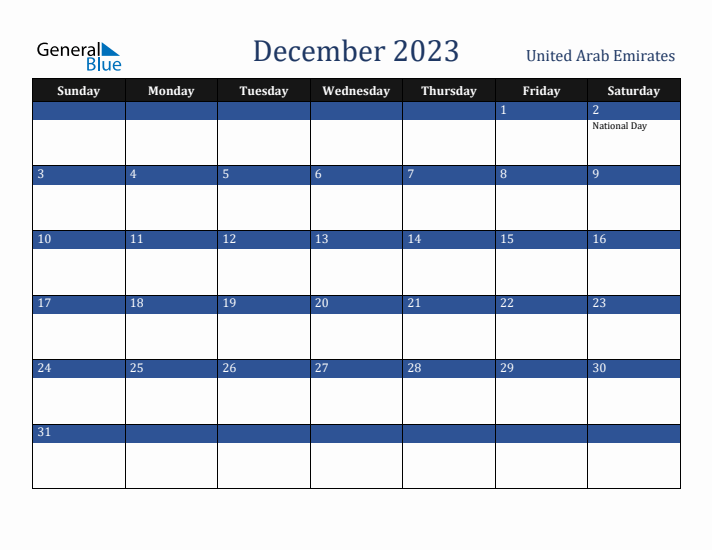 December 2023 United Arab Emirates Calendar (Sunday Start)