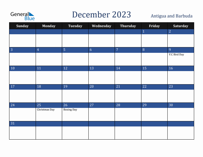 December 2023 Antigua and Barbuda Calendar (Sunday Start)