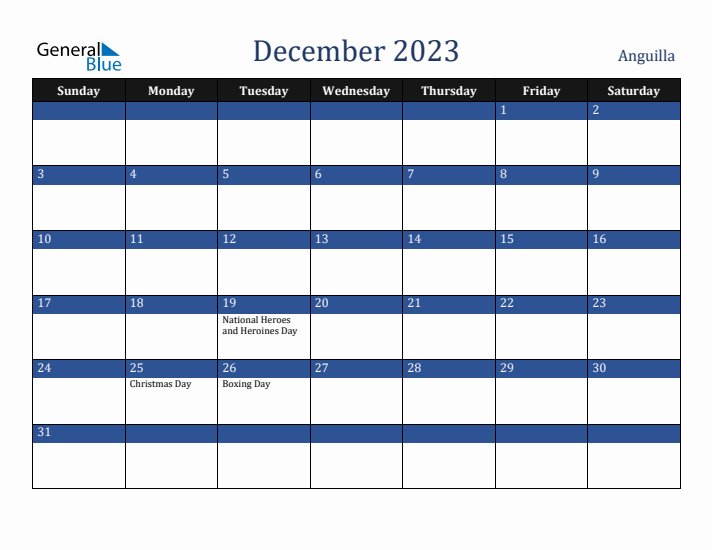 December 2023 Anguilla Calendar (Sunday Start)