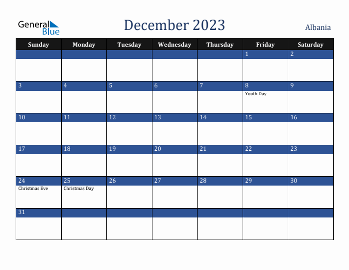 December 2023 Albania Calendar (Sunday Start)