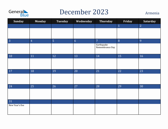 December 2023 Armenia Calendar (Sunday Start)