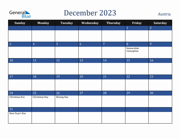 December 2023 Austria Calendar (Sunday Start)