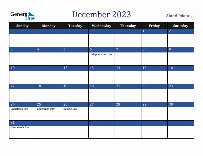 December 2023 Aland Islands Calendar (Sunday Start)