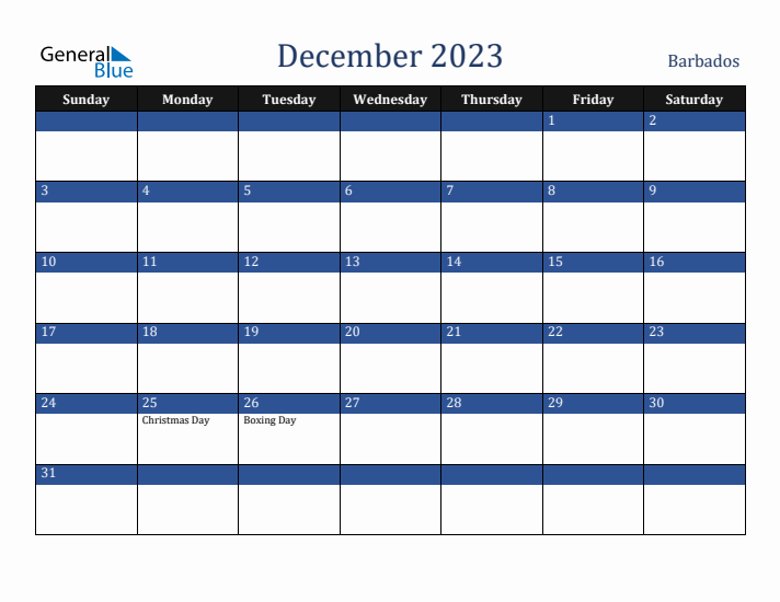 December 2023 Barbados Calendar (Sunday Start)