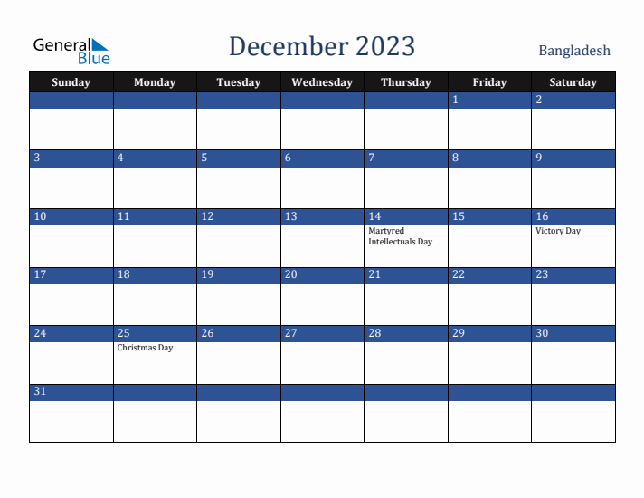 December 2023 Bangladesh Calendar (Sunday Start)