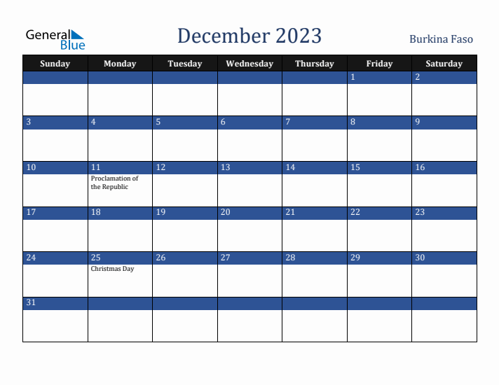 December 2023 Burkina Faso Calendar (Sunday Start)