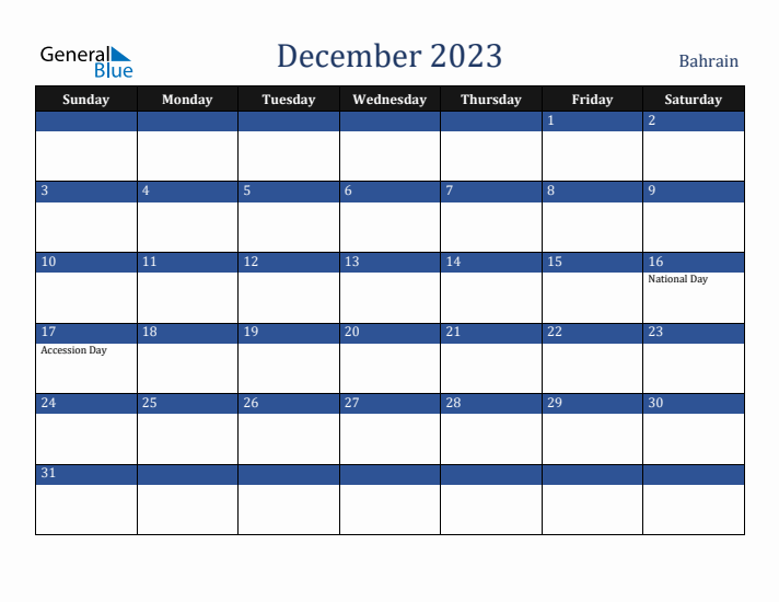 December 2023 Bahrain Calendar (Sunday Start)