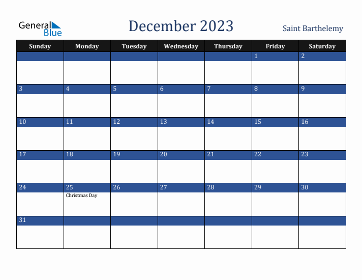 December 2023 Saint Barthelemy Calendar (Sunday Start)