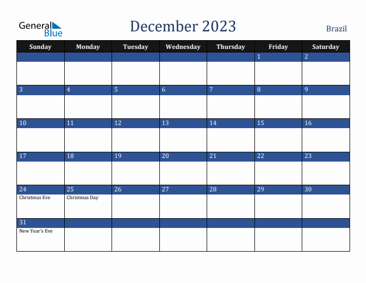 December 2023 Brazil Calendar (Sunday Start)