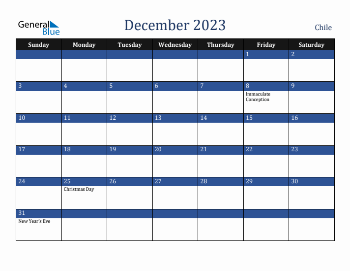 December 2023 Chile Calendar (Sunday Start)