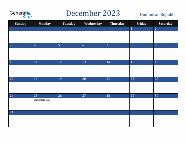 December 2023 Dominican Republic Calendar (Sunday Start)