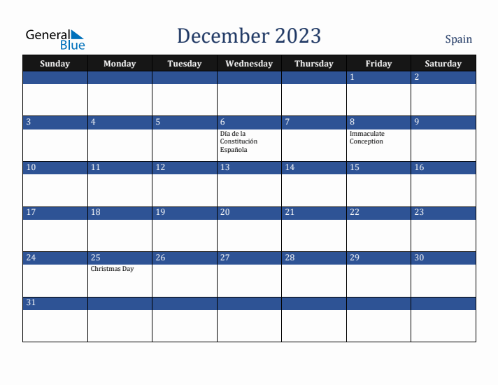 December 2023 Spain Calendar (Sunday Start)