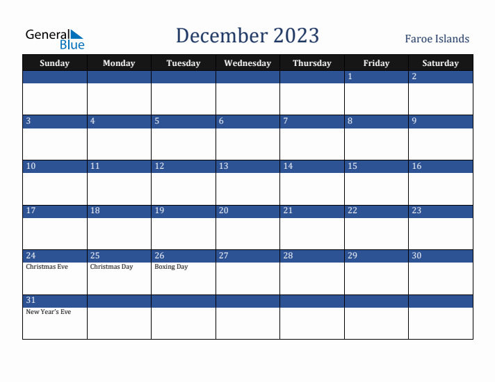 December 2023 Faroe Islands Calendar (Sunday Start)