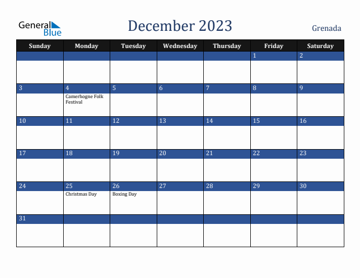 December 2023 Grenada Calendar (Sunday Start)