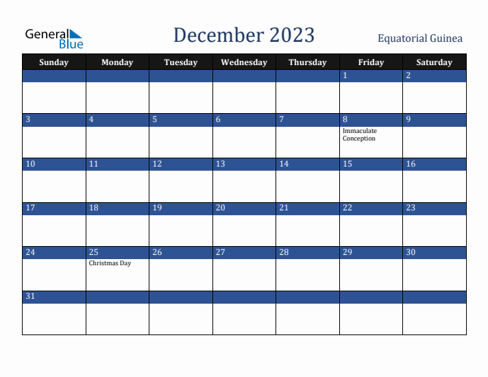 December 2023 Equatorial Guinea Calendar (Sunday Start)