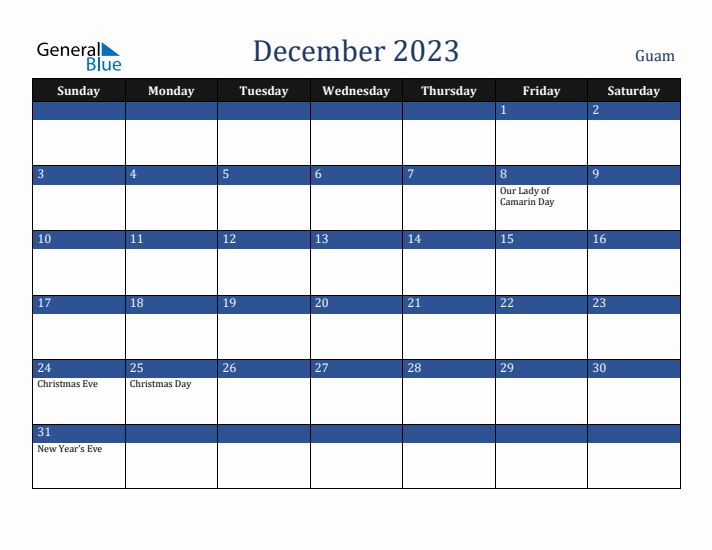 December 2023 Guam Calendar (Sunday Start)