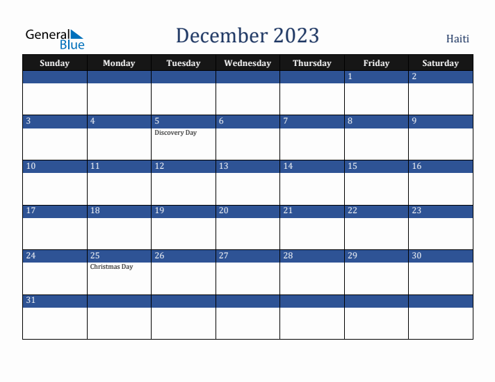 December 2023 Haiti Calendar (Sunday Start)