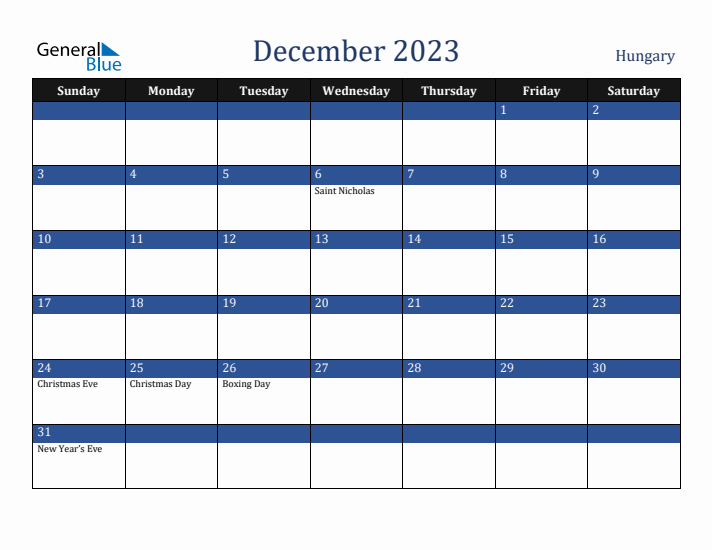 December 2023 Hungary Calendar (Sunday Start)