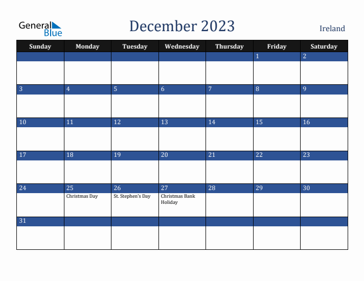 December 2023 Ireland Calendar (Sunday Start)