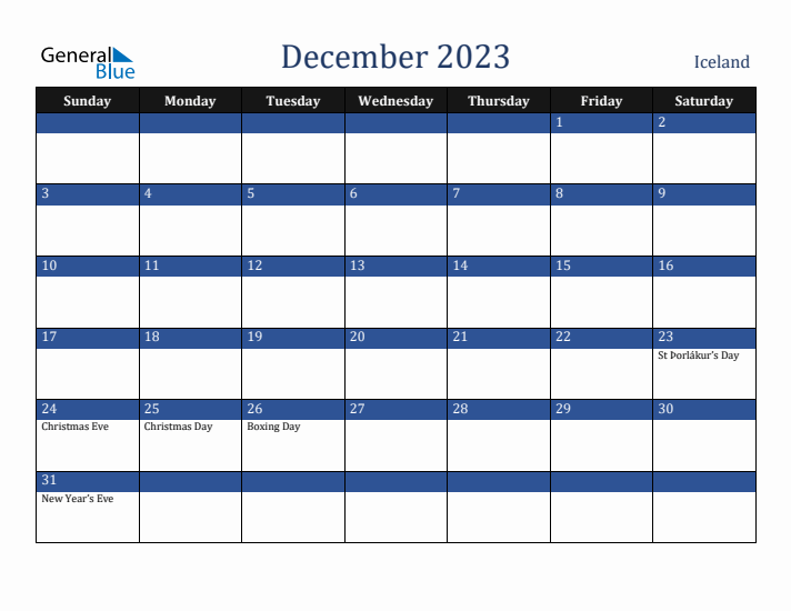 December 2023 Iceland Calendar (Sunday Start)