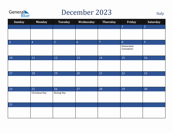 December 2023 Italy Calendar (Sunday Start)