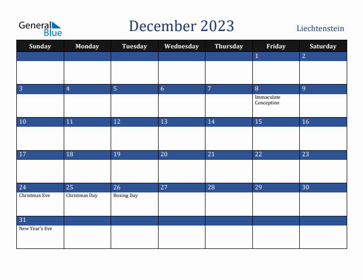 December 2023 Liechtenstein Calendar (Sunday Start)