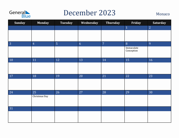 December 2023 Monaco Calendar (Sunday Start)