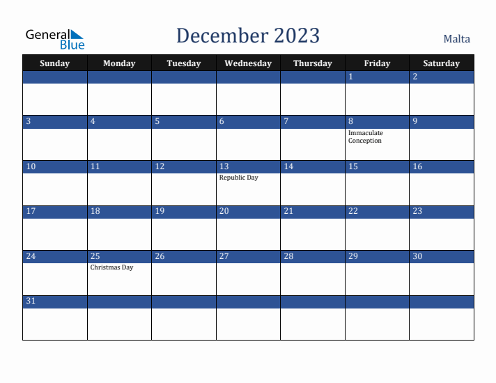 December 2023 Malta Calendar (Sunday Start)