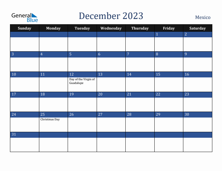 December 2023 Mexico Calendar (Sunday Start)