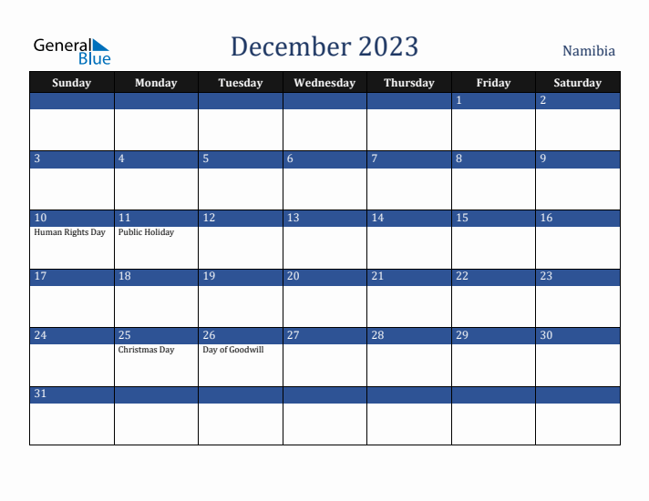 December 2023 Namibia Calendar (Sunday Start)