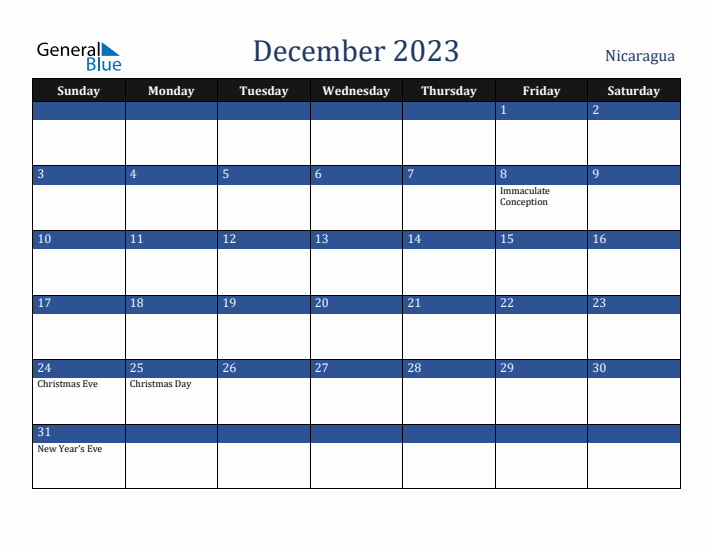 December 2023 Nicaragua Calendar (Sunday Start)