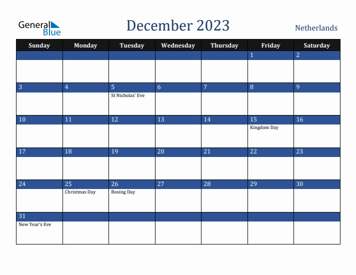 December 2023 The Netherlands Calendar (Sunday Start)