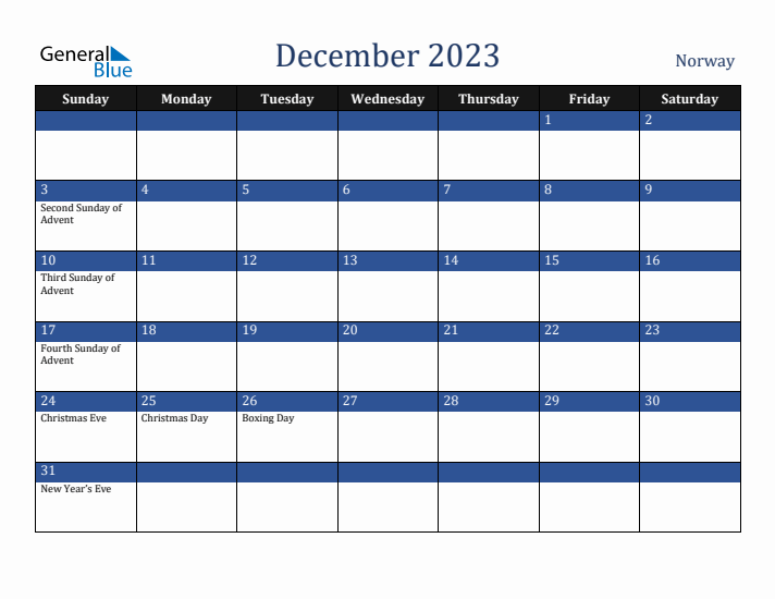 December 2023 Norway Calendar (Sunday Start)