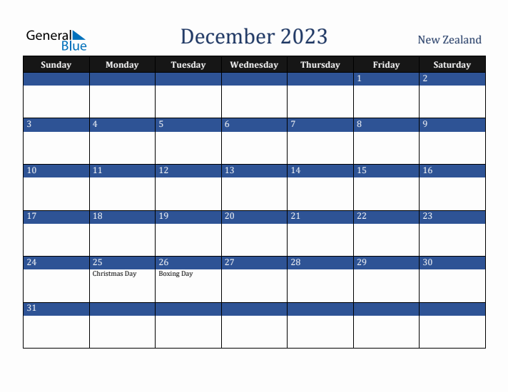 December 2023 New Zealand Calendar (Sunday Start)