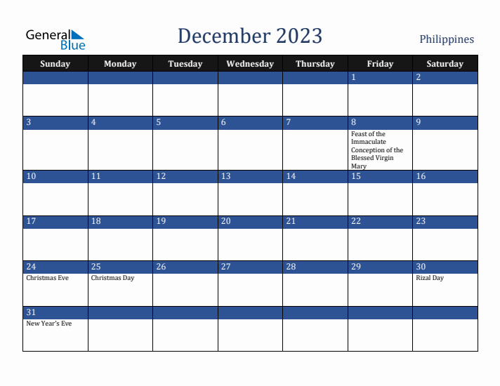 December 2023 Philippines Calendar (Sunday Start)