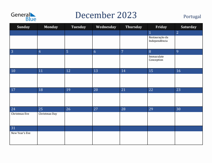 December 2023 Portugal Calendar (Sunday Start)