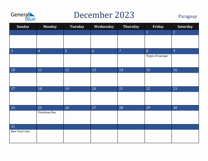 December 2023 Paraguay Calendar (Sunday Start)